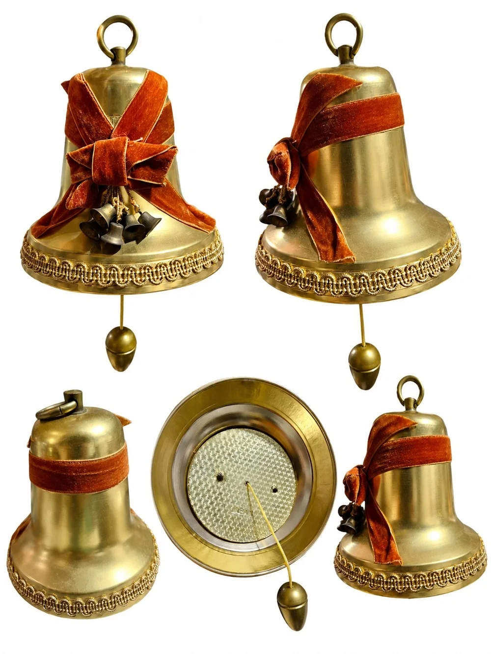 Brass Decorative Bells with Rust Velvet Bows